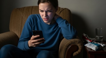 Una mujer joven sentada en un sillón marrón oscuro, mira su celular con expresión de dolor y se toca el cuello. A su lado, una mesa con un vaso de agua y envoltorios de snacks.