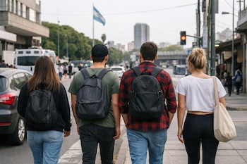 Cuatro jóvenes caminan de espaldas por una calle urbana; dos hombres y dos mujeres. Llevan mochilas y un bolso. Se ven coches, edificios y una bandera argentina al fondo.