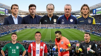 Collage de entrenadores Lorenzo, Pochettino, Bielsa, Alfaro y el jugador Galíndez (arriba y abajo), junto a jugadores Giménez, Romero Gamarra y Muslera, en un estadio de fútbol.