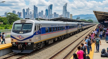 Vista de un tren plateado y azul en una estación de Panamá, con pasajeros en el andén y rascacielos modernos en el horizonte bajo un cielo parcialmente nublado.