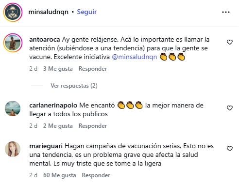 Comentarios a favor y en contra publicados en el Instagram del Ministerio de Salud de Neuquén