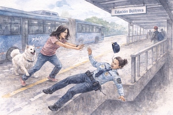 Acuarela de una mujer empujando a una guarda de seguridad uniformada que cae. Un perro blanco observa. Al fondo, un bus y la señal 'Estación Buitrera'.