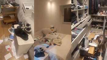 Tres imágenes unidas muestran un dormitorio y un vestidor en desorden. Ropa, documentos y objetos están esparcidos por el suelo y sobre los muebles