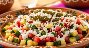 Primer plano de calabacitas, jitomate y chiles verdes cocidos y picados en un plato artesanal. Cubierto con queso fresco desmoronado y crema blanca.