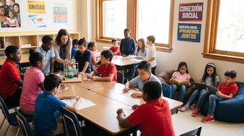 Vista general de un aula escolar con una maestra y varios estudiantes de diversas etnias realizando actividades como experimentos, escritura, lectura y uso de tabletas.