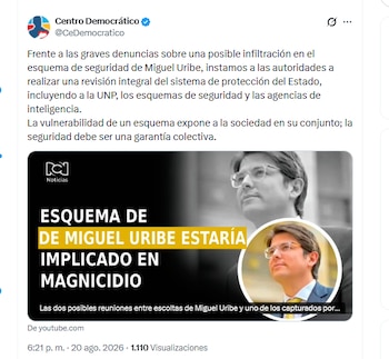 El Centro Democrático pidió que se investigue la presunta infiltración del esquema de seguridad de Miguel Uribe - crédito @CeDemocratico/X