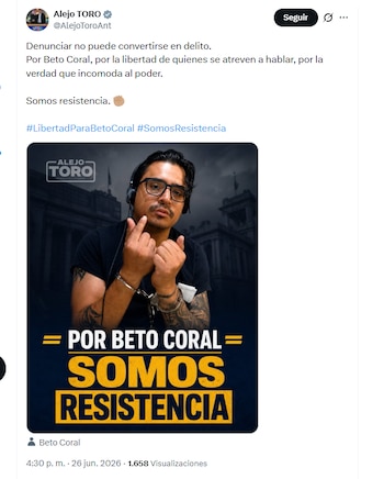 El congresista Alejandro Toro se solidarizó con Beto Coral, detenido en Estados Unidos - crédito @AlejoToroAnt/X