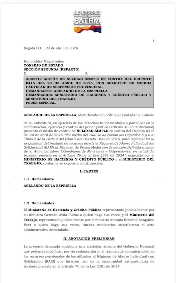 La demanda fue registrada en el sistema de la Rama Judicial bajo el radicado 23758, quedando en revisión inicial por parte del Consejo de Estado - crédito @ABDELAESPRIELLA/X