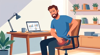 Ilustración de un hombre sentado en una silla de escritorio que se toca la cadera con expresión de dolor junto a una computadora.
