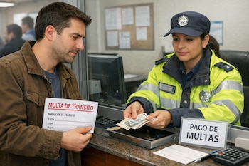 Hombre con chaqueta marrón entregando dinero a una agente de tráfico uniformada detrás de una ventanilla. Ella cuenta los billetes; él sostiene una multa.