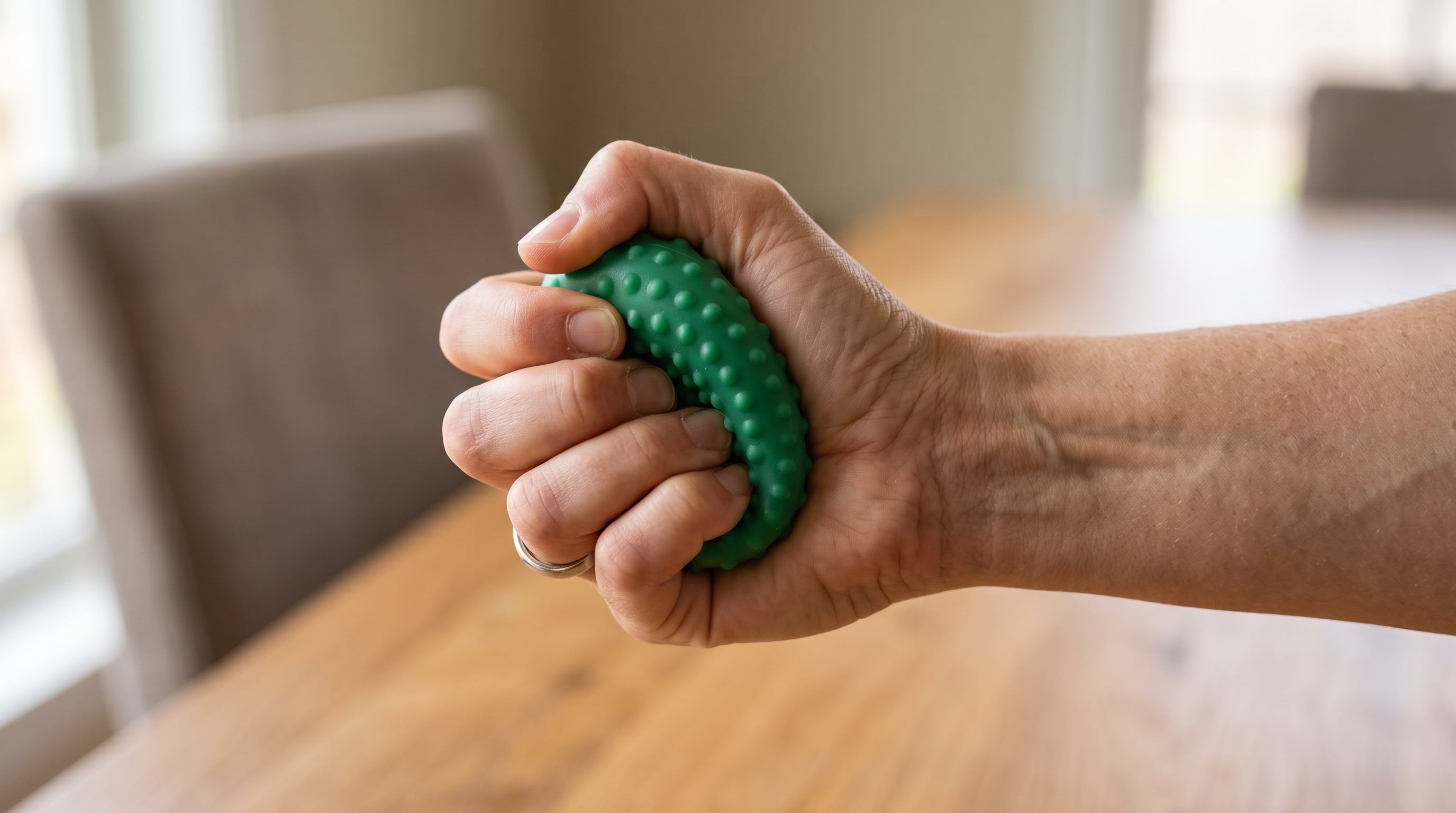 Uno de los ejercicios más sencillos para fortalecer las manos: apretar una pelota de terapia. Tiene la ventaja de que se puede hacer en la casa en cualquier momento del día y mientras se realiza otra actividad (Imagen Ilustrativa Infobae)