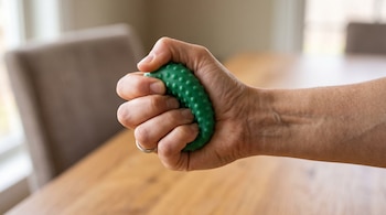 Una mano aprieta una pelota de terapia de color verde con pequeñas protuberancias.