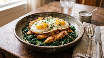 Un plato hondo con espinacas, pollo sazonado y dos huevos fritos sobre una mesa de madera junto a cubiertos, servilleta y vaso con agua.