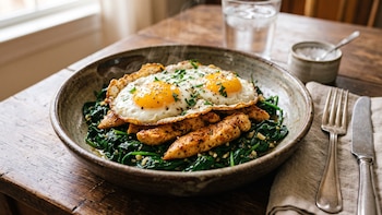 Huevos fritos con pollo y espinacas: receta rápida, saludable y proteica