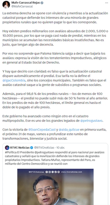 Mafe Carrascal afirmó que la oposición al catastro multipropósito busca evitar impuestos a terratenientes - crédito @MafeCarrascal/X