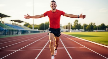 Hombre sonriente con camiseta roja y pantalones negros corre en una pista de atletismo roja con los brazos abiertos. Gradas y vegetación en el fondo.