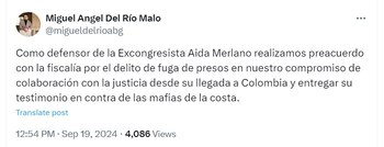 El abogado indicó que el preacuerdo es parte del compromiso adquirido por la excongresista - crédito @migueldelrioabg/X