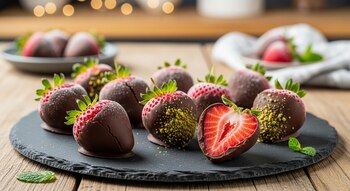 Plato de pizarra con fresas congeladas y cubiertas de chocolate, algunas con pistacho. Una fresa está cortada por la mitad revelando su interior rojo.