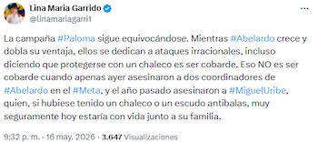 Lina María Garrido defendió a Abelardo de la Espriella y criticó a campaña de Paloma Valencia por “ataques irracionales” - crédito @linamariagarri1/X