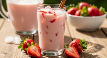 Vaso de horchata de fresa con hielo, trozos de fresa y canela sobre mesa de madera. Fresas frescas, enteras y cortadas, y jarra borrosa detrás.