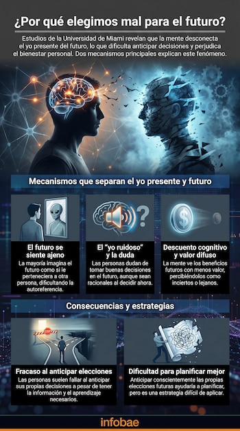 Infografía con dos perfiles de cabeza humana, uno con un cerebro brillante y el otro fragmentado, ilustrando la desconexión mental entre el presente y futuro.