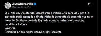 Álvaro Uribe - crédito @AlvaroUribeVel/X