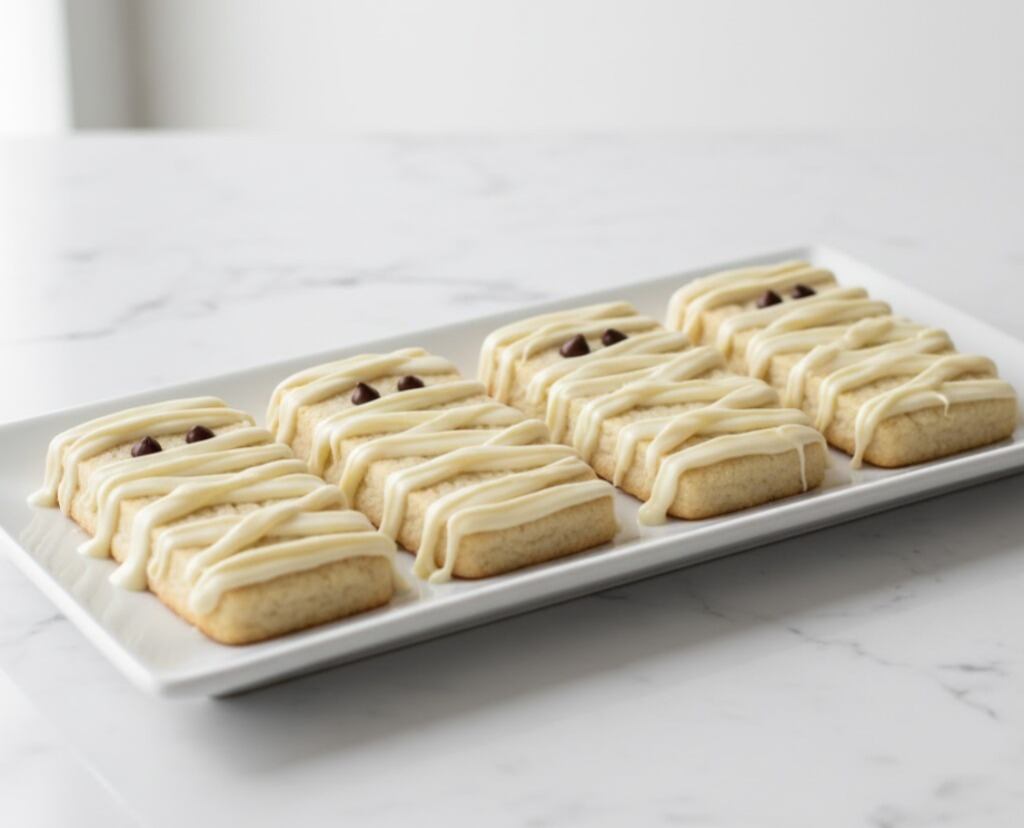 Galletas rectangulares convertidas en momias, cubiertas con hilos de chocolate blanco que los chicos pueden colocar y personalizar (Imagen Ilustrativa Infobae)