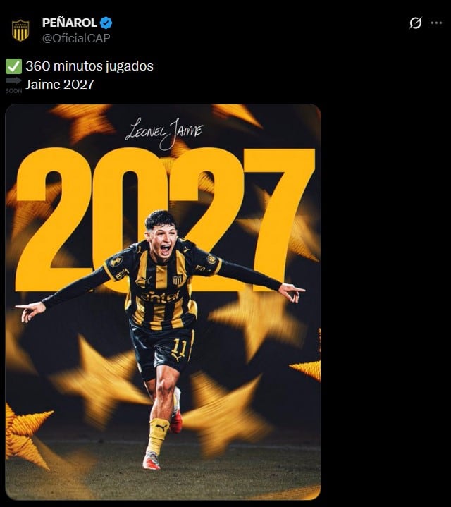 Peñarol confirmó que cumplió con los requisitos del préstamo y Leonel Jaime continuará hasta 2027 (@OficialCAP)