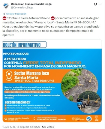 Rubén Darío González García explicó que el fenómeno causó la remoción de grandes volúmenes de material y dañó la infraestructura vial en el sector Marrano Loco, una situación que perjudica el acceso de miles - crédito @Concesión_Sisga / X