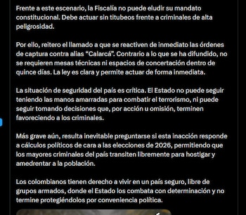 Según Valencia, la estrategia de Paz Total permitió que los grupos armados lleguen a 27.000 integrantes, con alzas del 336% en secuestros y 119% en terrorismo - crédito X