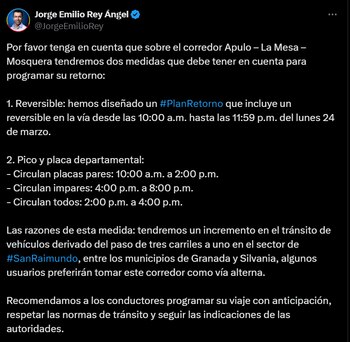 Cundinamarca implementará Pico y Placa