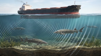 Barco de carga sobre el agua. Debajo, esturiones, fondo de río con arena y plantas acuáticas. Ondas de sonido se propagan desde la embarcación hacia los peces.