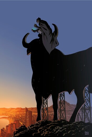 Montado sobre un típico cartel publicitario en forma de toro y observando la localidad turística española de Benidorm. Así es la imagen mostrada por DC Cómics de una de las viñetas de la historia que el dibujante valenciano Paco Roca ha creado para "Batman: The World", una antología de 184 páginas en la que participan autores de 14 países. EFE/DC. Solo uso editorial