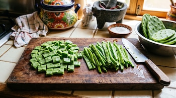 Nopales cortados en cuadros y en tiras sobre una tabla de madera junto a un cuchillo y un recipiente con pencas enteras.