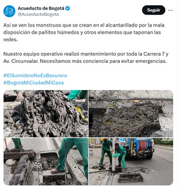 Desde el Acueducto de Bogotá revelaron los "monstruos" que taponan las redes de alcantarillado de la capital colombiana - crédito @AcueductoBogota/X