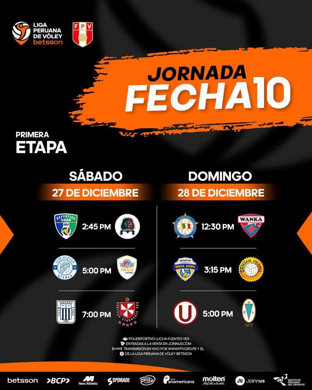 Programación de la fecha 10 por la Liga Peruana de Vóley 2025/2026
