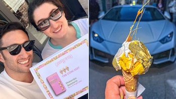 Los dueños de Mokambo junto a un premio de helados (Montaje Infobae, @mokambogelateria)
