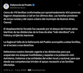 Defensoría del pueblo sobre desplazamiento