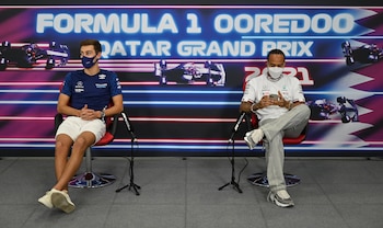 Formula One F1 - Qatar Grand Prix - Losail International Circuit, Lusail, Qatar - November 18, 2021 Williams' George Russell and Mercedes' Lewis Hamilton during a press conference Pool via REUTERS/Andrej Isakovic