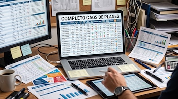 Una computadora portátil rodeada de informes impresos con tablas de precios, una tableta, bolígrafos y una taza sobre un escritorio.