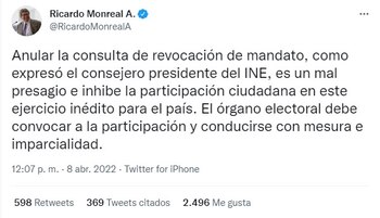 Ricardo Monreal, manifestó en su