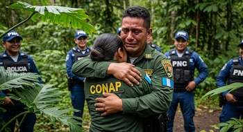 Dos guardaparques uniformados se abrazan en la selva. Uno llora. Agentes de la Policía Nacional Civil, con uniforme azul, los rodean en el fondo.