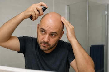 Hombre calvo con camiseta oscura aplica un producto con pulverizador sobre su cabeza frente a un espejo de baño.