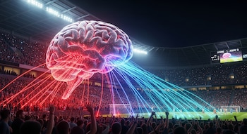 Cerebro humano gigante luminoso con conexiones rojas y azules sobre un estadio de fútbol lleno de público, jugadores en el campo y pantalla de marcador.