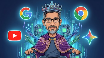 Caricatura de Sundar Pichai, coronado con chips y capa púrpura, sentado en un trono tecnológico, con logos de Google, YouTube, Chrome y Gemini flotando.