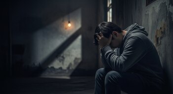 Hombre joven con sudadera gris y pantalones oscuros sentado en el suelo con la cabeza entre las manos. Entorno oscuro con bombilla encendida al fondo.