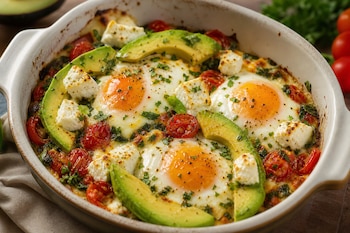 Fuente de cerámica con tres huevos al horno, rebanadas de aguacate, cubos de queso blanco, tomates cherry y hierbas picadas.