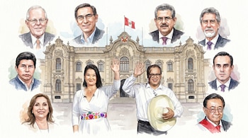 Ilustración en acuarela que muestra a Keiko Fujimori y Roberto Sánchez de pie frente al Palacio de Gobierno de Perú, flanqueados por ocho retratos de expresidentes peruanos. (Imagen Ilustrativa Infobae)
