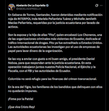 El Gobierno colombiano enviará a ambas mujeres a Ecuador para que respondan ante la administración del presidente Daniel Noboa - crédito X