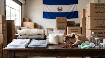 Camisetas de punto, suéteres, bolsas de azúcar, saco de café en grano, botellas y tapas plásticas sobre una mesa de madera; cajas de cartón y bandera de El Salvador en el fondo.